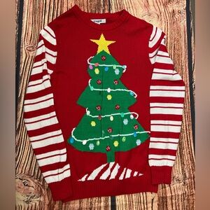 Red Christmas Tree Sweater with Striped Sleeves